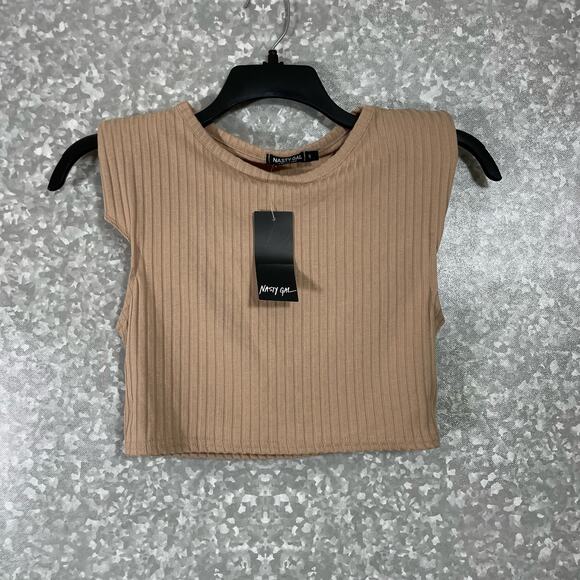 Nasty Gal NWT Taupe Ribbed Padded Shoulders Crop Top - Size Small - Sleeveless - Picture 2 of 7